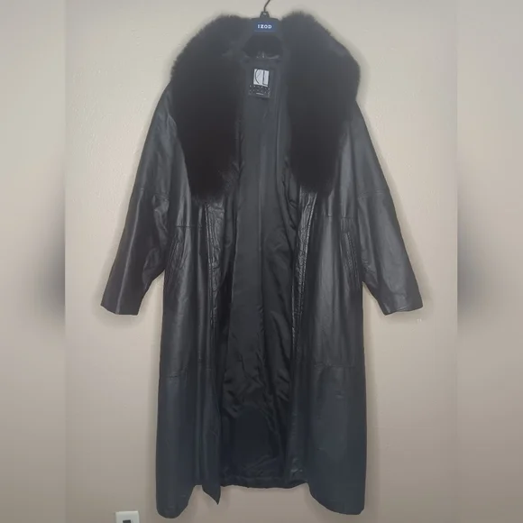 Vintage CAROLE LITTLE Women's L Trench Coat Belted Black Fur Collar Penny - Picture 1 of 6